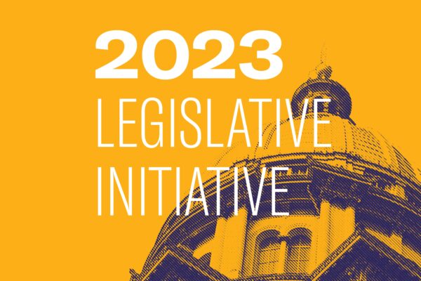 Mustard yellow background. Navy blue filtered image of the Illinois State Capitol Building. Centered white text "2023 Legislative Initiative"