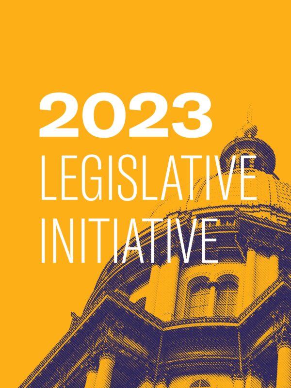 Mustard yellow background. Navy blue filtered image of the Illinois State Capitol Building. Centered white text "2023 Legislative Initiative"