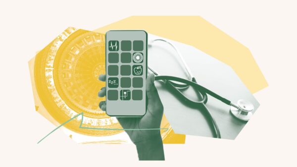 Green filtered image of a hand holding a phone over a yellow filtered image of the Springfield Capitol Building ceiling and a green filtered image of a stethoscope