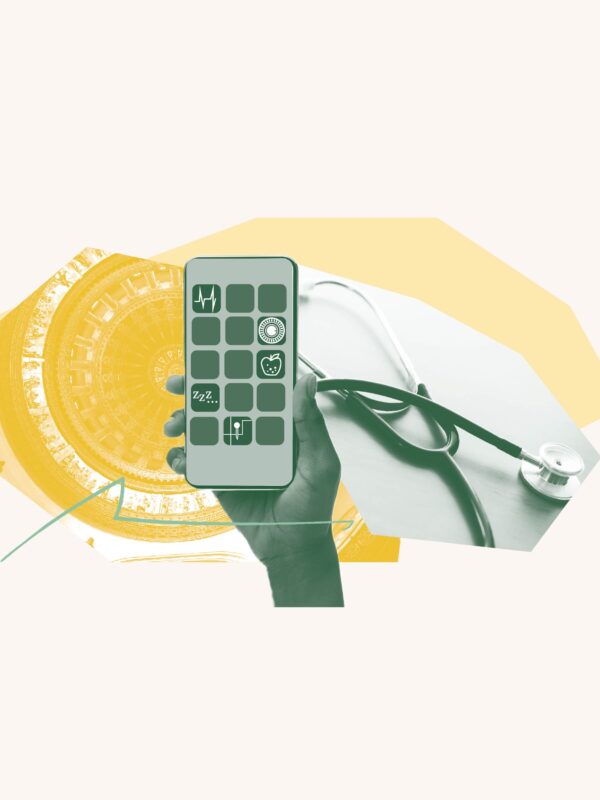 Green filtered image of a hand holding a phone over a yellow filtered image of the Springfield Capitol Building ceiling and a green filtered image of a stethoscope