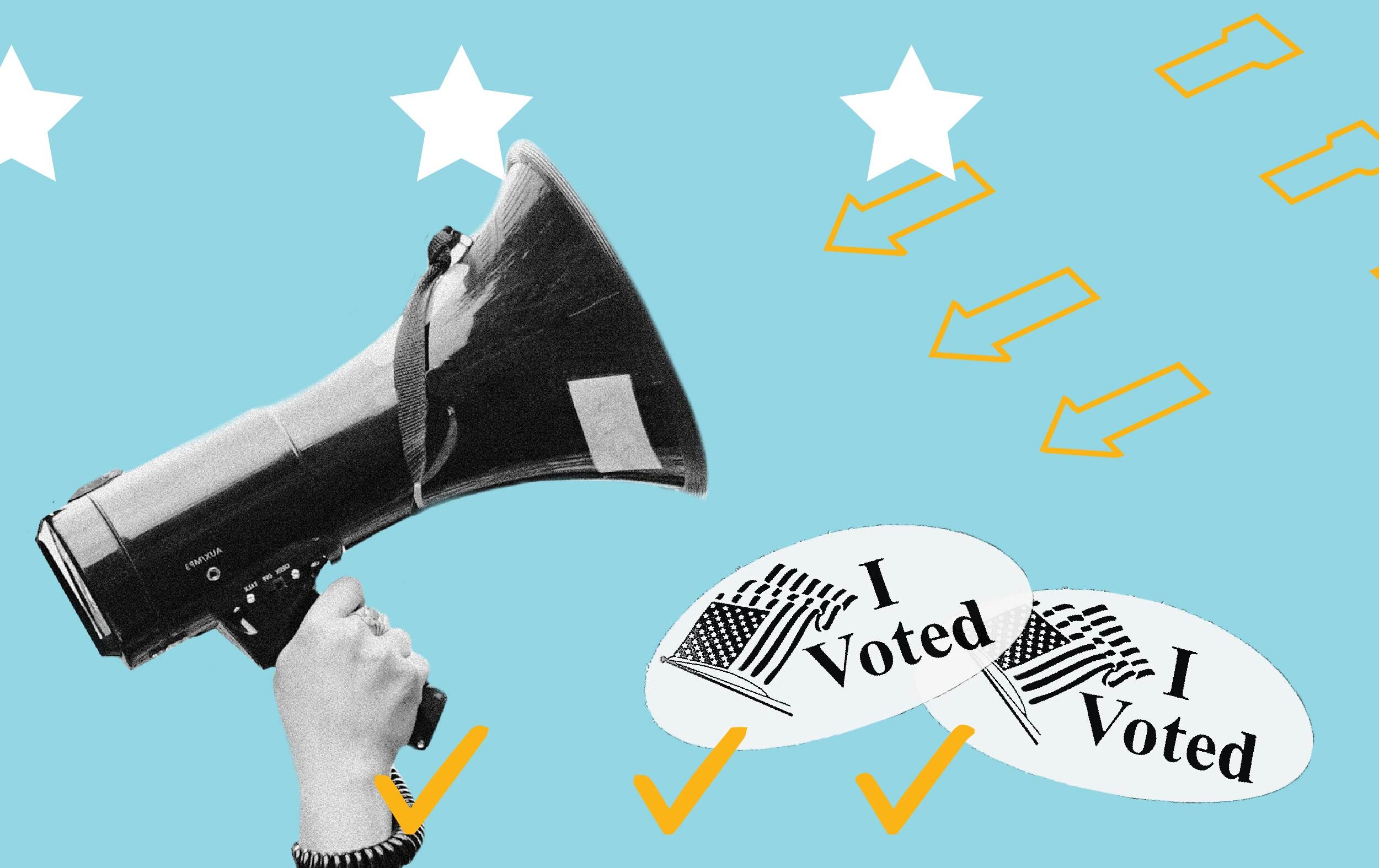 Light blue background. Navy blue text: "How the Local Elected Offices On Your 2023 Ballot Impact Civil Liberties". Three white stars in the top left, three outlined yellow arrow on the top right. On the bottom right two "I voted" stickers