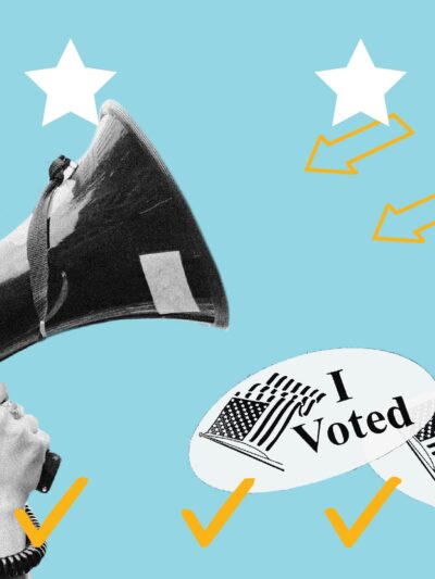 Light blue background. Navy blue text: "How the Local Elected Offices On Your 2023 Ballot Impact Civil Liberties". Three white stars in the top left, three outlined yellow arrow on the top right. On the bottom right two "I voted" stickers