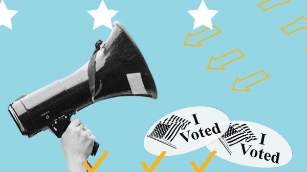 Light blue background. Navy blue text: "How the Local Elected Offices On Your 2023 Ballot Impact Civil Liberties". Three white stars in the top left, three outlined yellow arrow on the top right. On the bottom right two "I voted" stickers