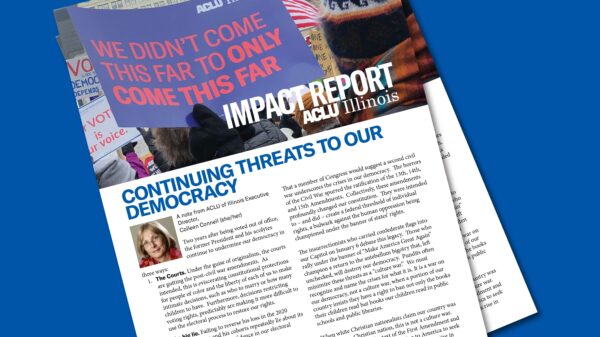 Two overlayed images of the newsletter over a blue background