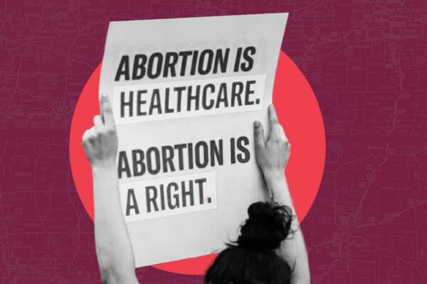 Red and pink filtered background with protestors. Text: PROTECT ABORTION RIGHTS IN DANVILLE. On the right hand holding megaphone in front of yellow circle