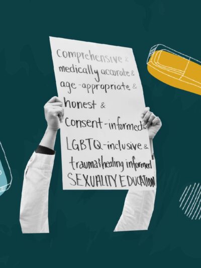 Dark green background. Black and white image of person's arms holding a sign. On the left a blue birth control, on the right a yellow pregnancy test