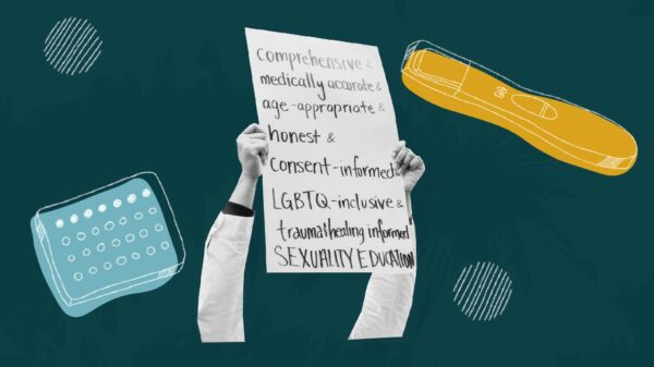 Dark green background. Black and white image of person's arms holding a sign. On the left a blue birth control, on the right a yellow pregnancy test