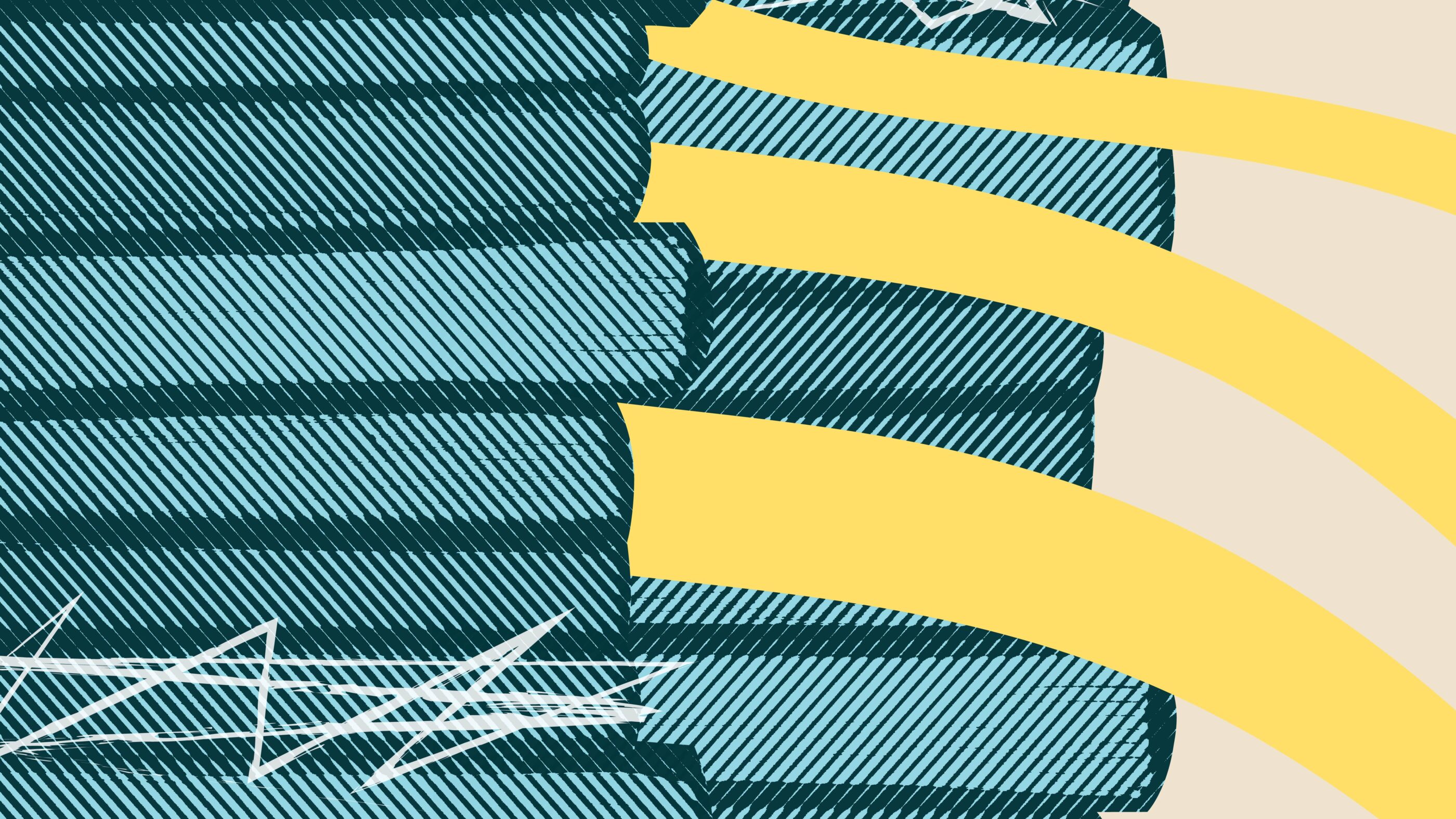 Beige background. Pile of teal books along the left side. A few books are scribbled out with white lines.