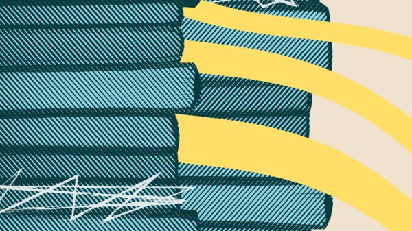 Beige background. Pile of teal books along the left side. A few books are scribbled out with white lines.