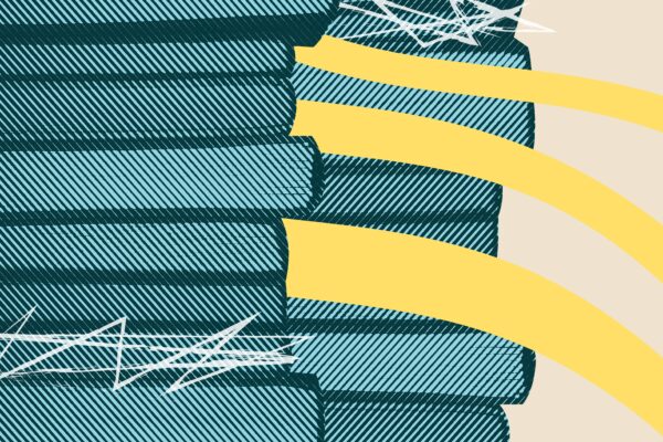 Beige background. Pile of teal books along the left side. A few books are scribbled out with white lines.