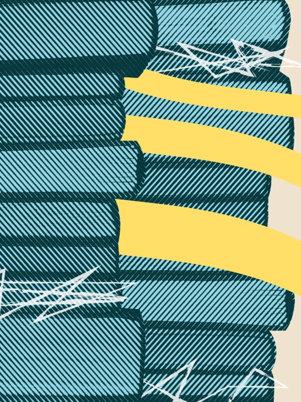 Beige background. Pile of teal books along the left side. A few books are scribbled out with white lines.