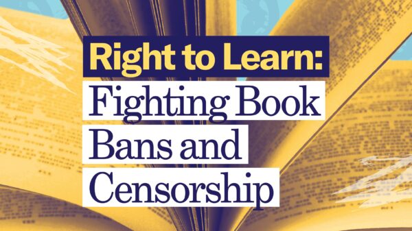 Blue background. Yellow filtered book. Centered text - "Right to Learn: Fighting Book Bans and Censorship"