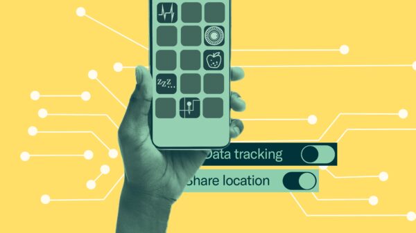 Yellow background with white data points. Green filtered image of hand holding a phone with apps. In the bottom right two rectangles with toggle switches for location tracking and data console.