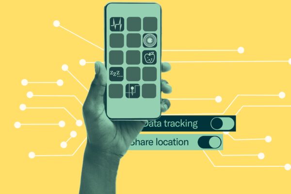 Yellow background with white data points. Green filtered image of hand holding a phone with apps. In the bottom right two rectangles with toggle switches for location tracking and data console.