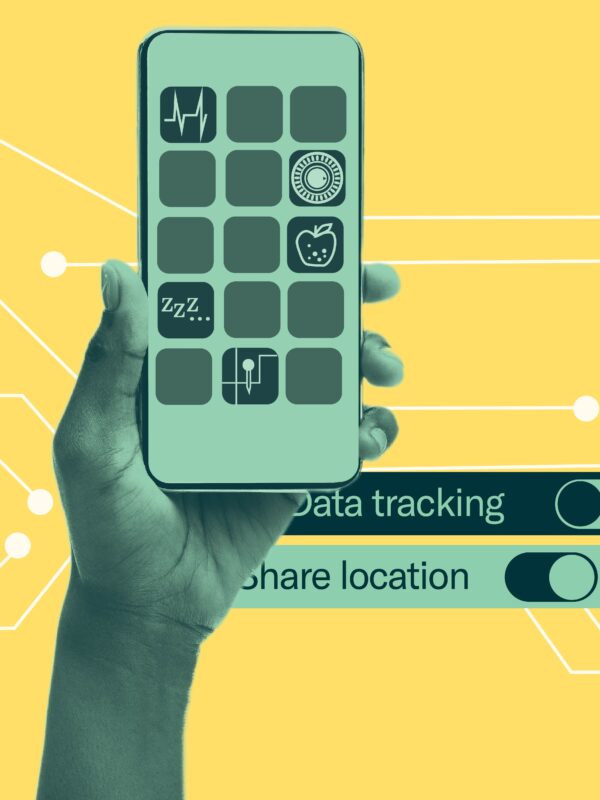 Yellow background with white data points. Green filtered image of hand holding a phone with apps. In the bottom right two rectangles with toggle switches for location tracking and data console.