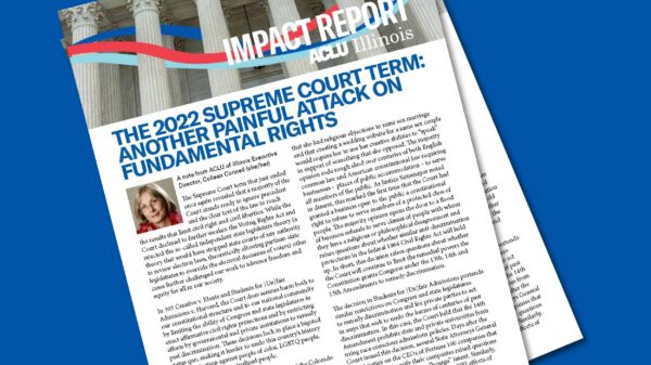 Blue background. Overlapping covers of the August 2023 Impact Report