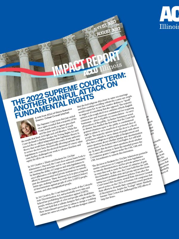 Blue background. Overlapping covers of the August 2023 Impact Report