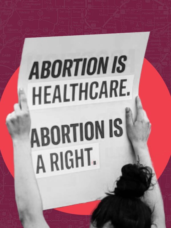 Maroon background, Hands holding sign that says "Abortion is Healthcare. Abortion is a Right" in front of a red circle