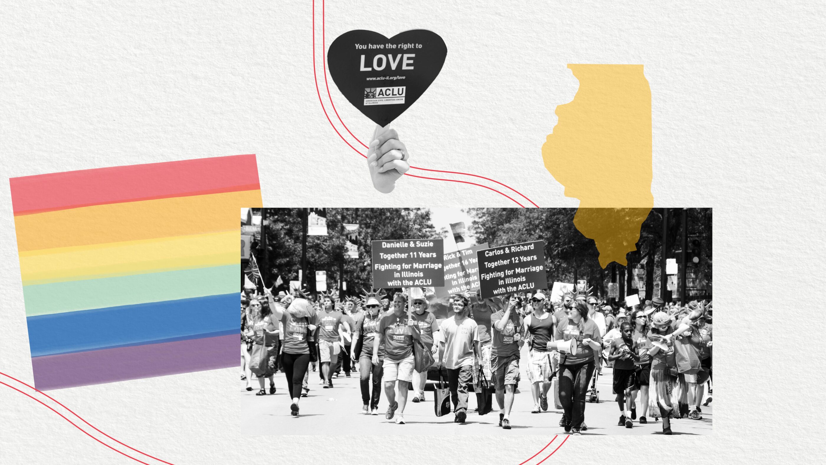 Off white background. Pride flag on the left. Photo of couples marching. Yellow Illinois above and hand holding a "love is love" sign.