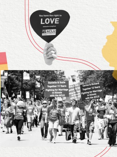 Off white background. Pride flag on the left. Photo of couples marching. Yellow Illinois above and hand holding a "love is love" sign.