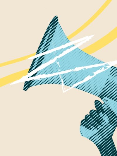 Tan background. Light blue and dark green megaphone