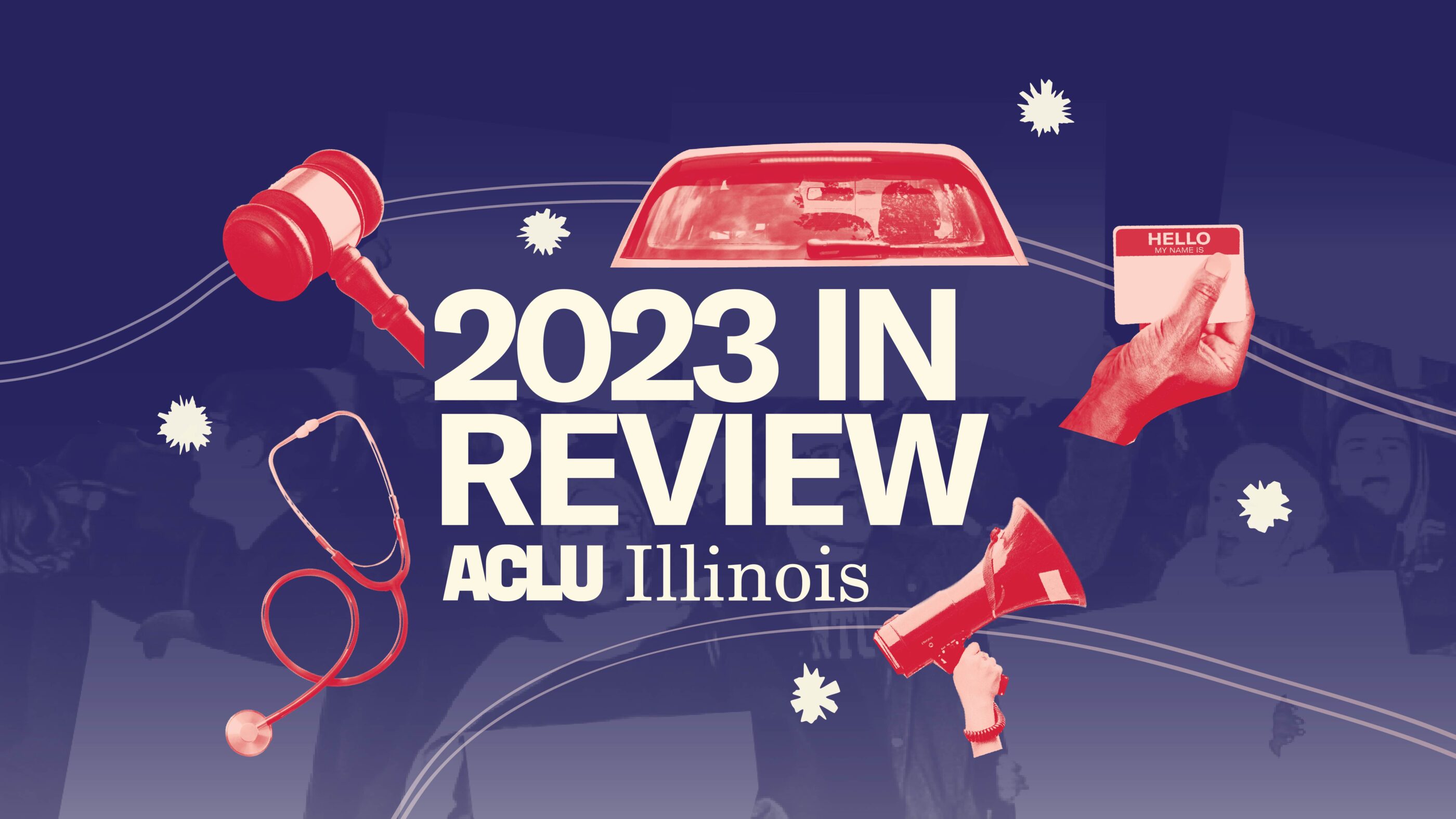 Light Blue background. Blue text "2023 In Review". Pink and red images of a gavel, rear view of a car, hand holding a nametag, megaphone, and stethoscope.