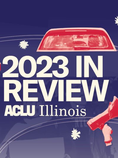 Light Blue background. Blue text "2023 In Review". Pink and red images of a gavel, rear view of a car, hand holding a nametag, megaphone, and stethoscope.