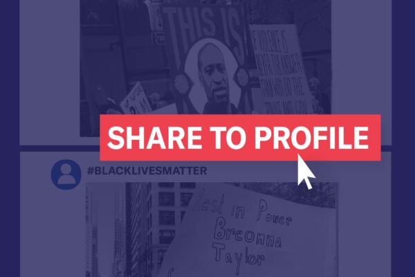 Dark blue with social media page. Red button that says "Share to Profile" with a white arrow.