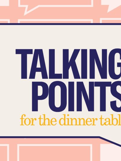 Pink background with talking bubbles. Large off white talking bubble in the center with text "Talking Points for the dinner table"