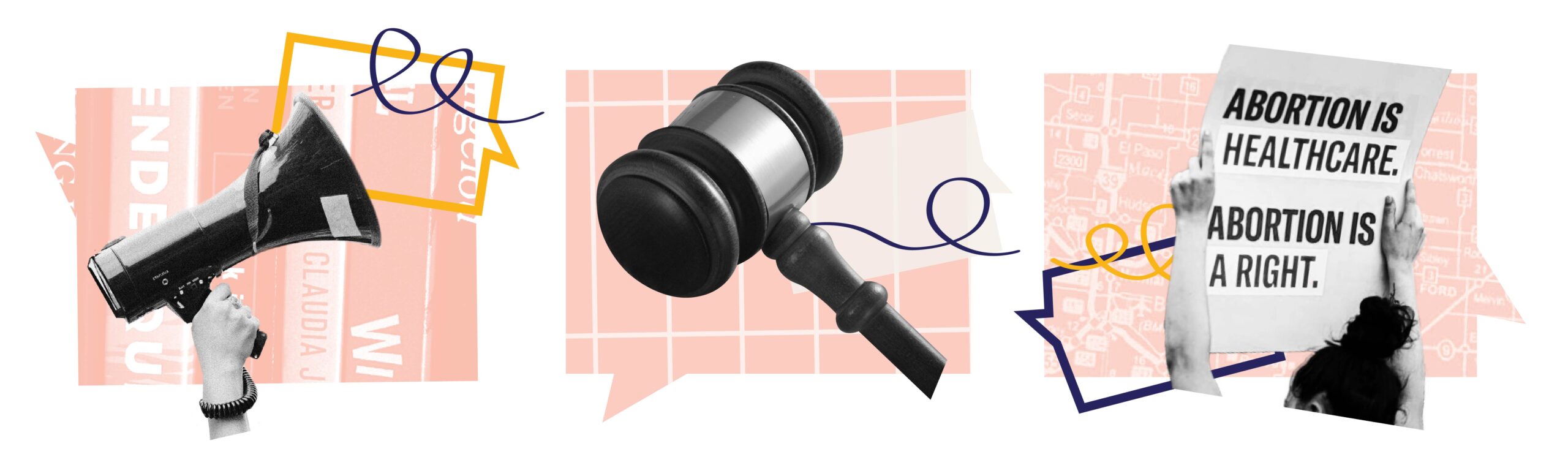 Pick speaking bubbles with a megaphone, gavel, and abortion sign.