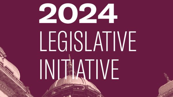 Maroon background with image of Capitol Building in Springfield at the bottom. White text "2024 Legislative Initiative"