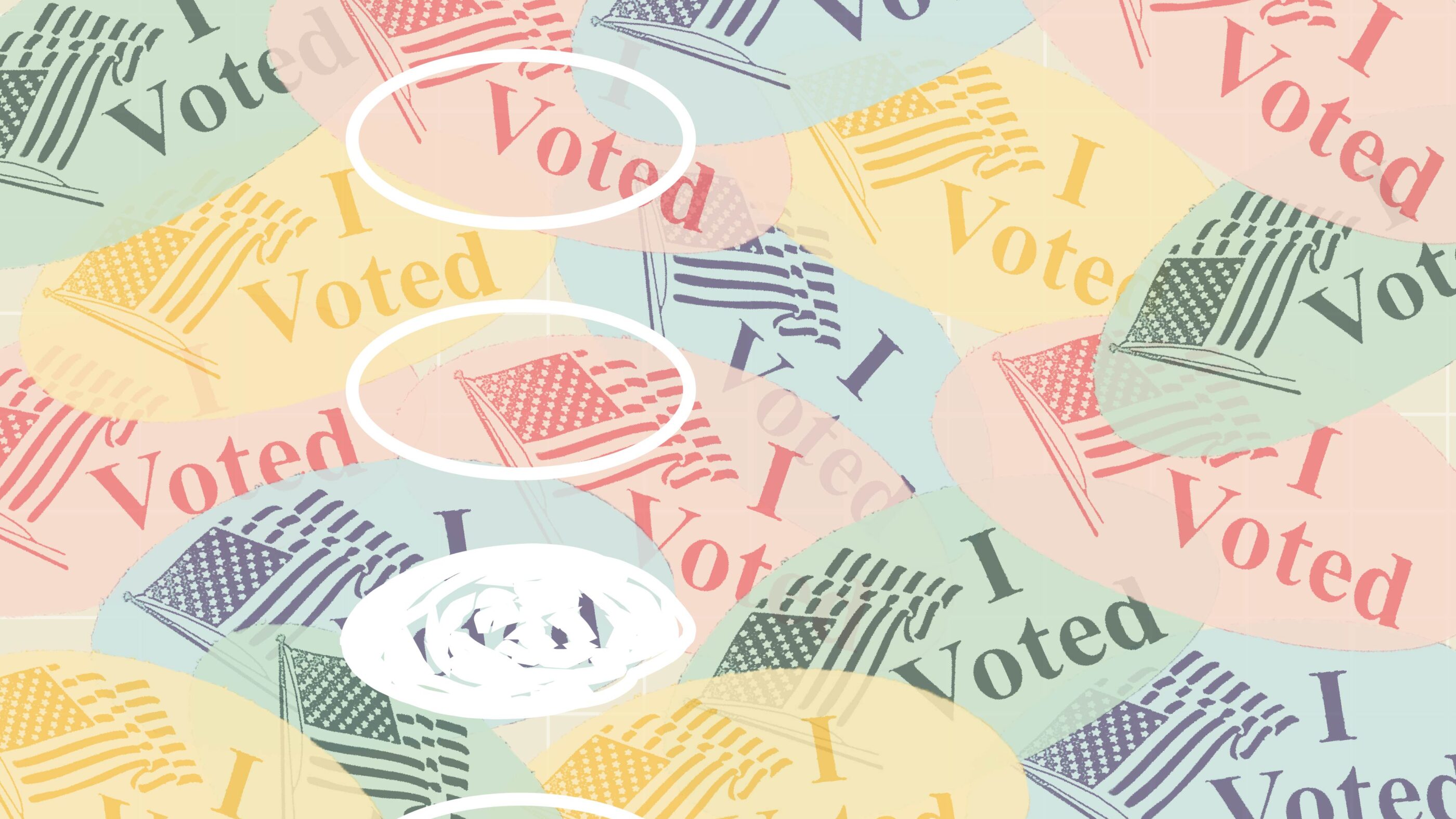 Colorful "I Voted" stickers with a filled in circle over them.