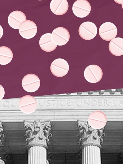 Supreme Court building with maroon top and abortion pills