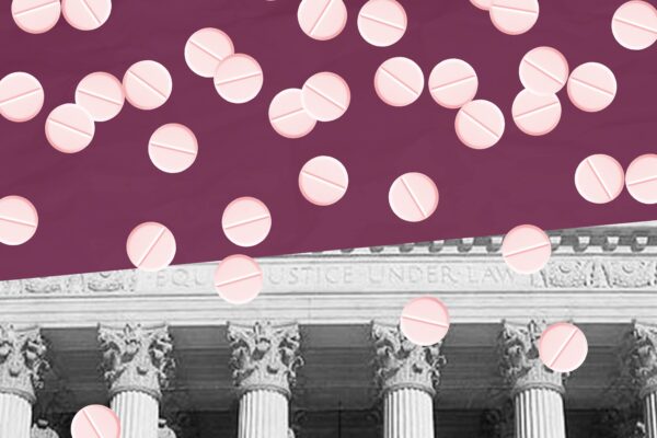 Supreme Court building with maroon top and abortion pills