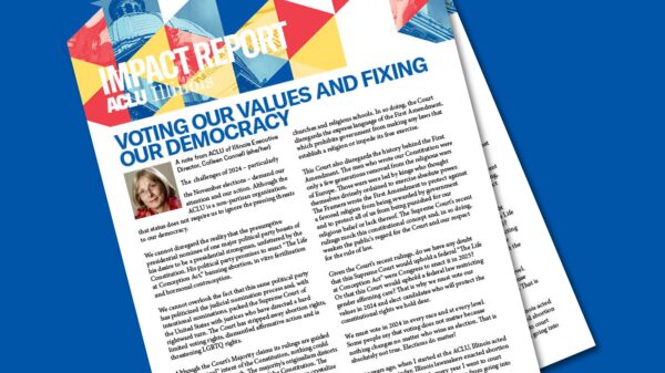 Blue background. Two covers of the Impact Report stacked on top of each other.