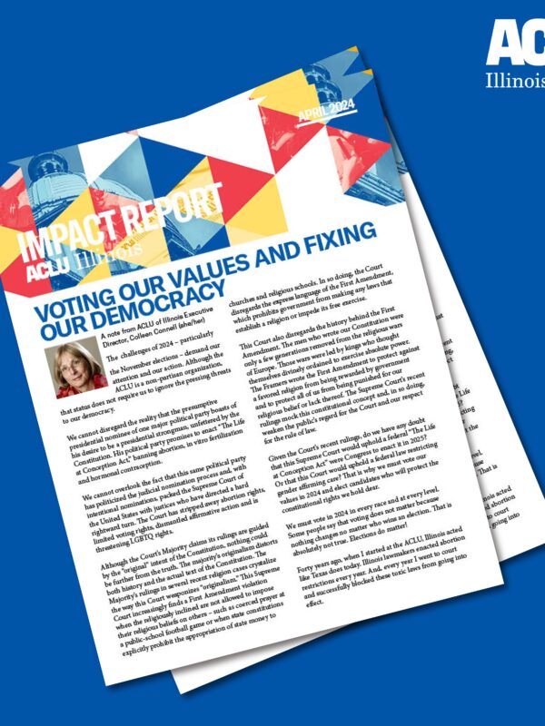 Blue background. Two covers of the Impact Report stacked on top of each other.