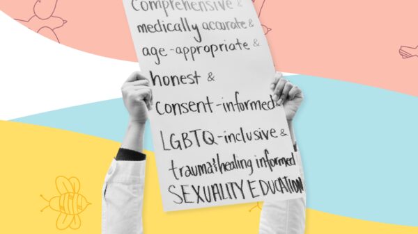 black and white poster about comprehensive sex ed. Behind image pink area with repeating birds on the top, yellow area with repeating bees along the bottom