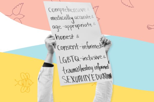 black and white poster about comprehensive sex ed. Behind image pink area with repeating birds on the top, yellow area with repeating bees along the bottom