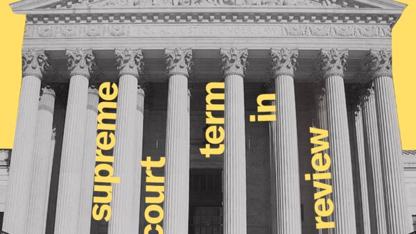 Black and white Supreme Court Building with yellow background and vertical yellow text along the columns "supreme court term in review"