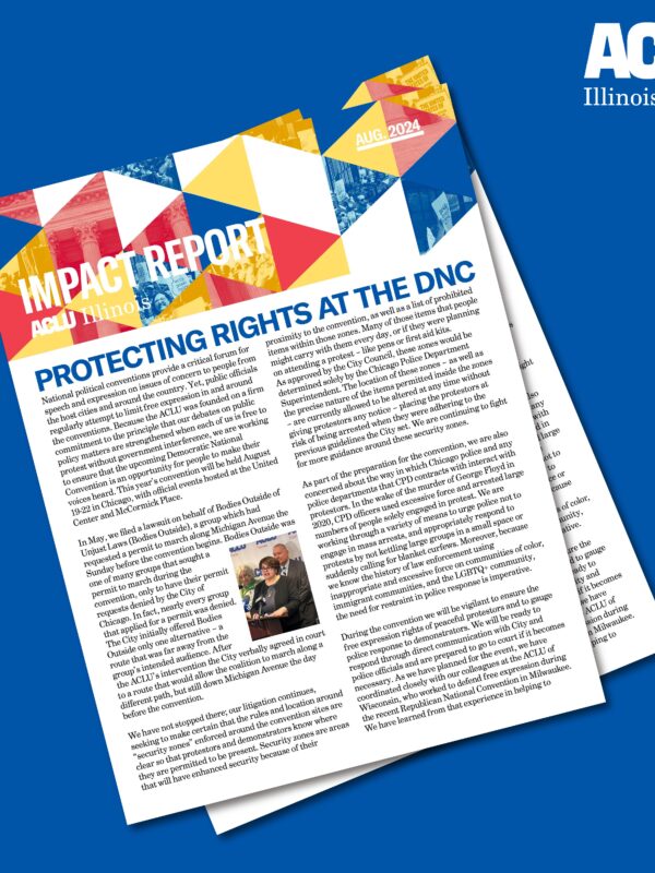 Blue background. Overlapping covers of the August 2024 Impact Report