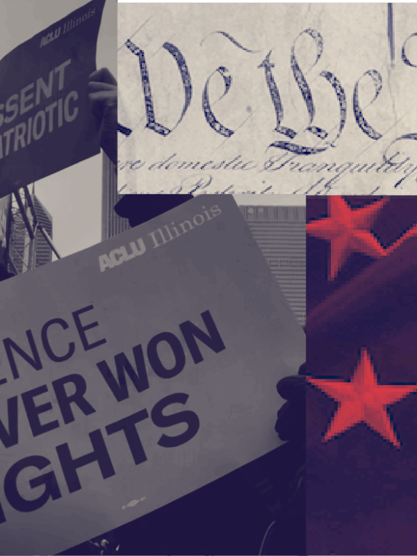 Colleague of images of the Statue of Liberty and American flag