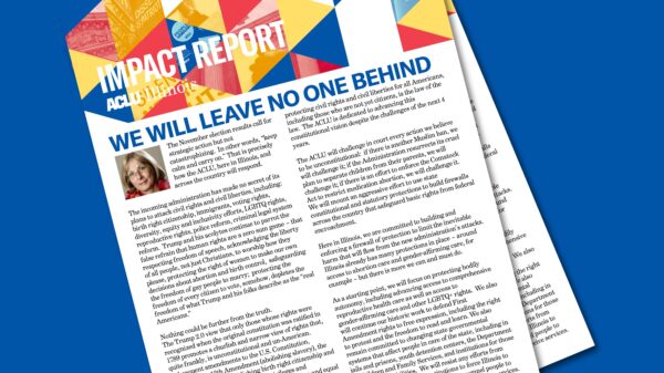 Blue background. Two covers of the Impact Report stacked on top of each other.