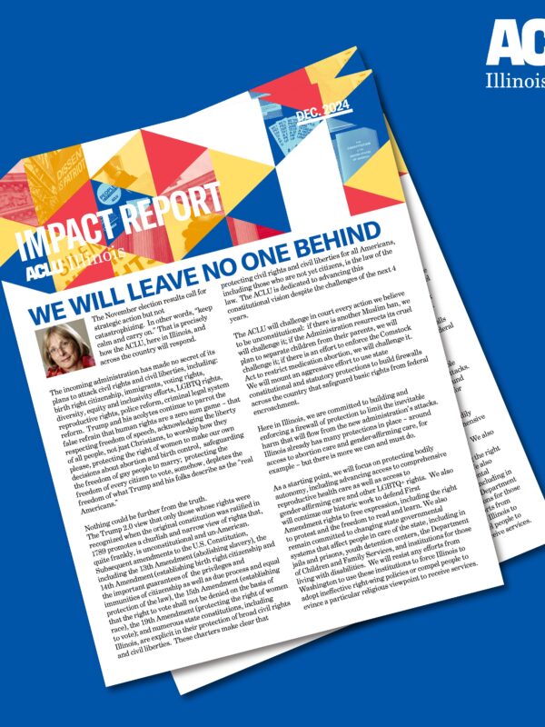 Blue background. Two covers of the Impact Report stacked on top of each other.