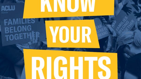 Navy blue filtered image of people holding "families belong together" signs. Yellow highlighted white text "Know Your Rights'