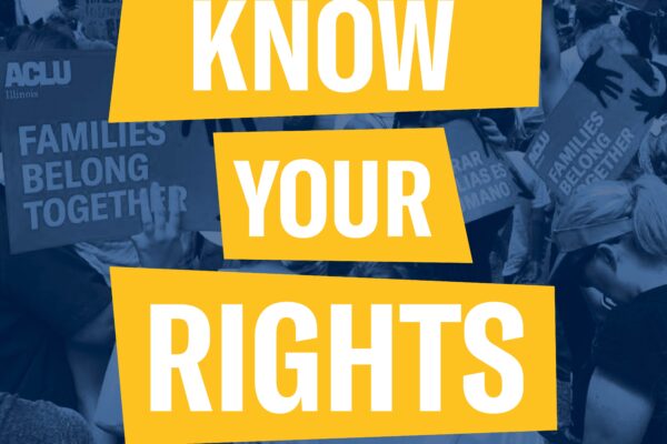 Navy blue filtered image of people holding "families belong together" signs. Yellow highlighted white text "Know Your Rights'