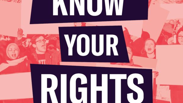 Red filtered image of peeople protesting. White text "Know Your RIghts"