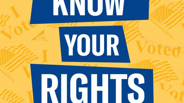 Yellow voting stickers. White text with blue background "Know Your RIghts"