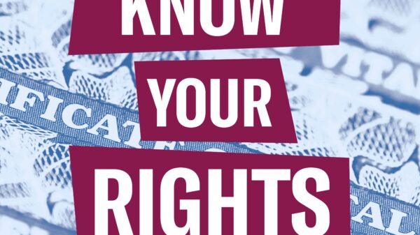 Blue filtered image of birth certificate. White text highlighted in dark pink "Know Your Rights"