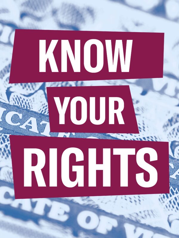 Blue filtered image of birth certificate. White text highlighted in dark pink "Know Your Rights"