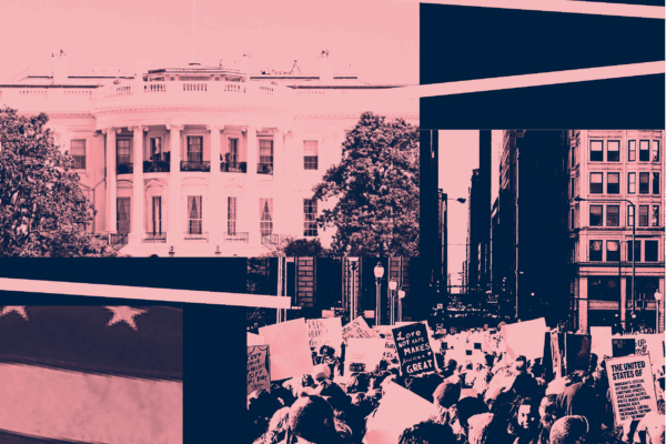 Navy and Pink filtered image of White House, people protesting, and flag